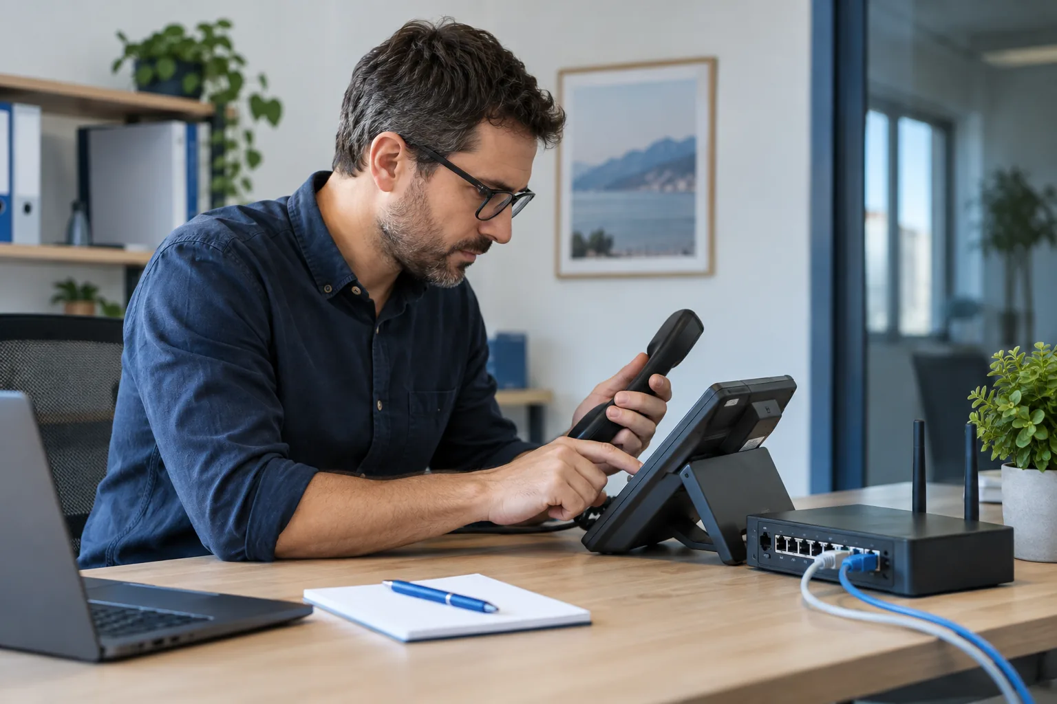 Administrateur contrôlant un téléphone IP et un routeur d’entreprise