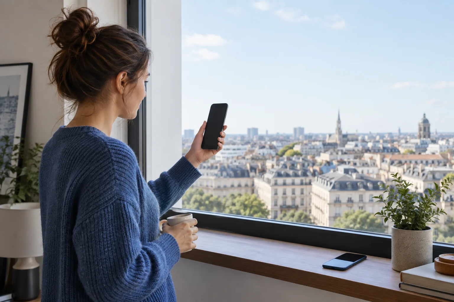 Personne vérifiant son smartphone près d’une fenêtre donnant sur une rue