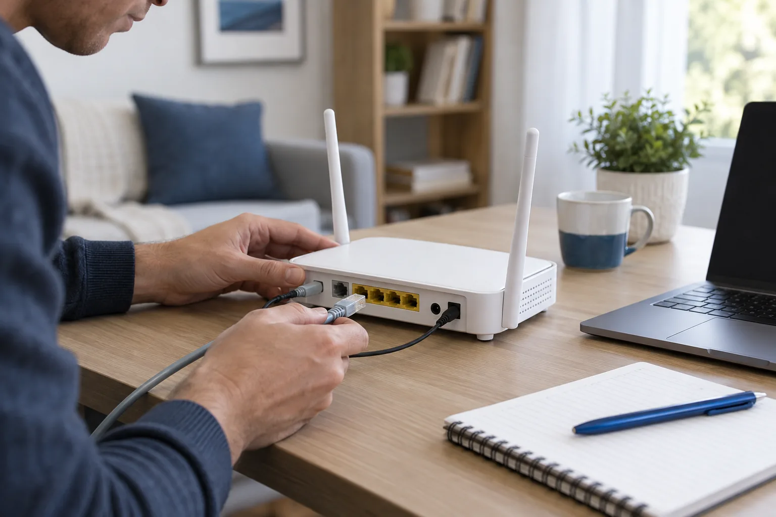 Personne vérifiant le branchement Ethernet d’une box Internet