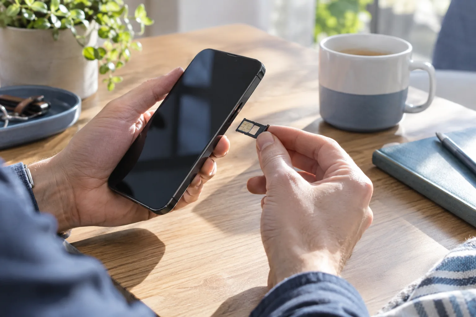 Mains examinant le tiroir SIM d’un smartphone