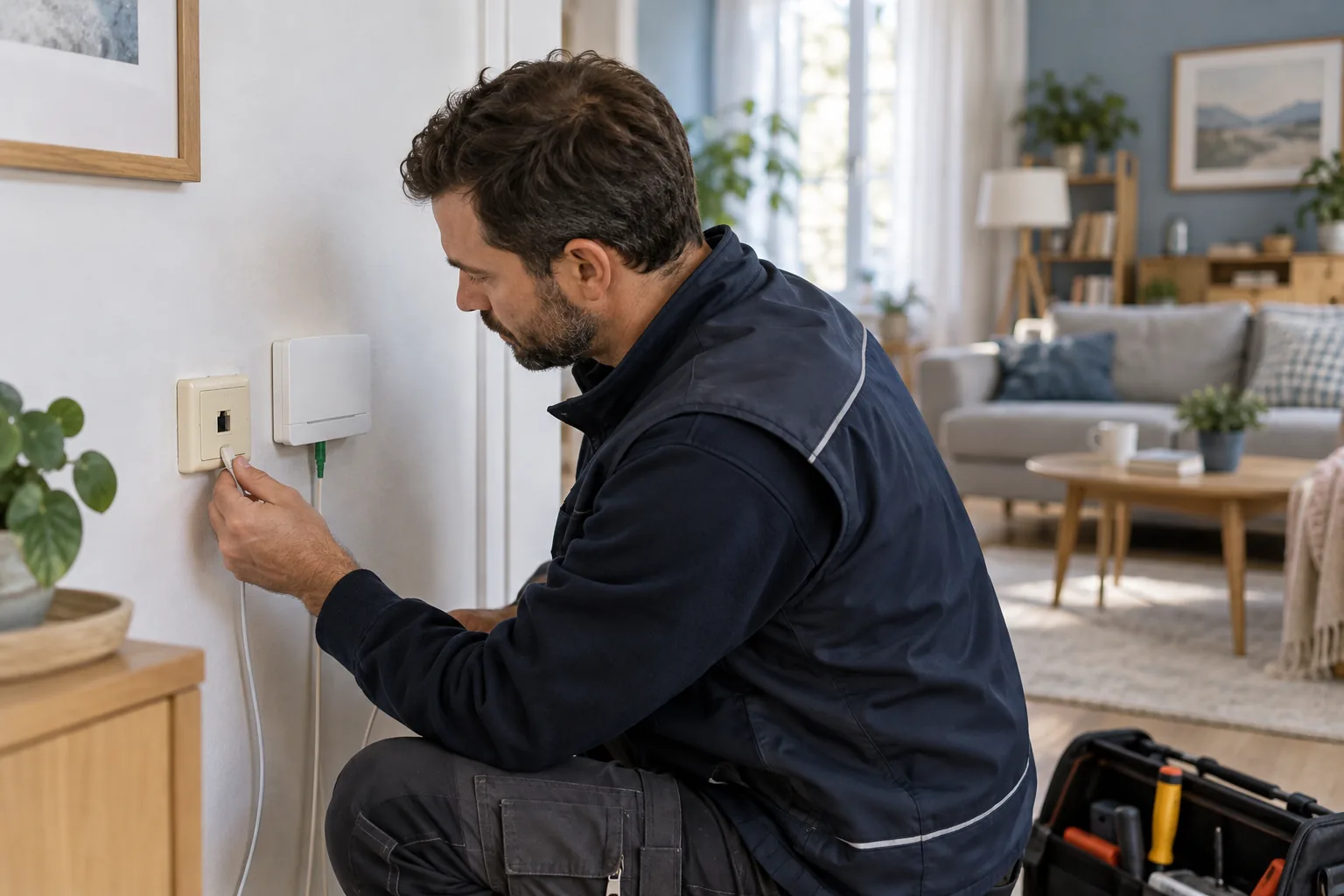 Technicien vérifiant une ancienne prise téléphonique et un boîtier fibre