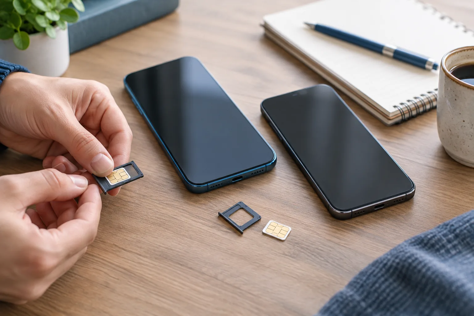 Deux smartphones et leurs tiroirs SIM pour comparer les générations mobiles