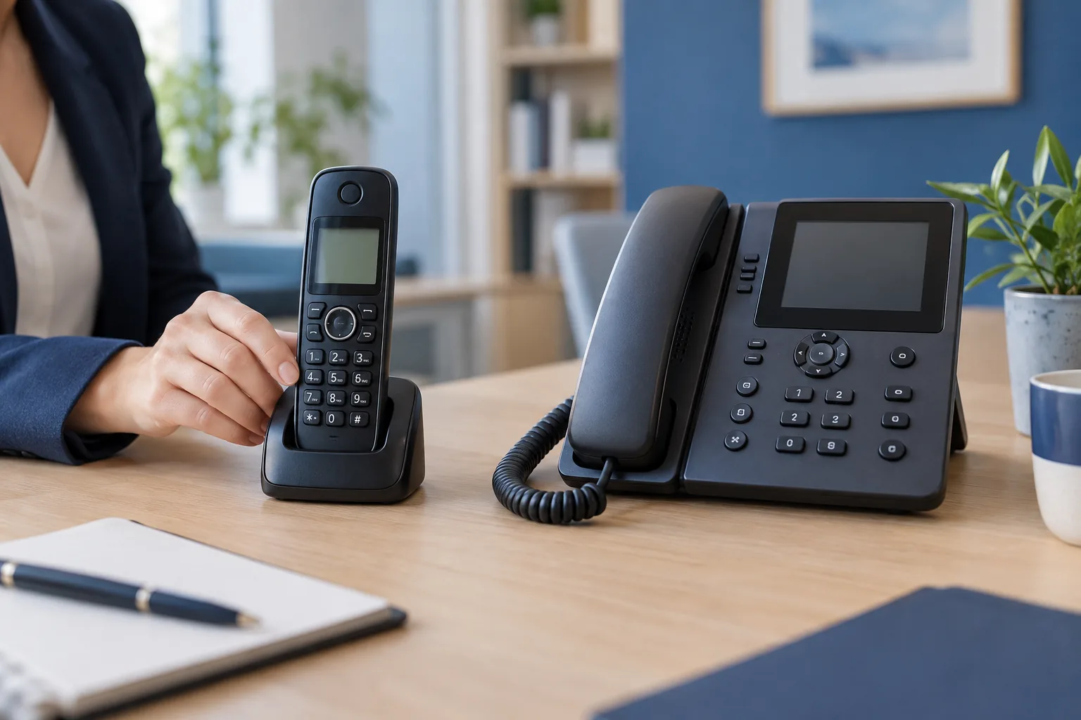 Téléphone sans fil et téléphone IP de bureau disposés côte à côte