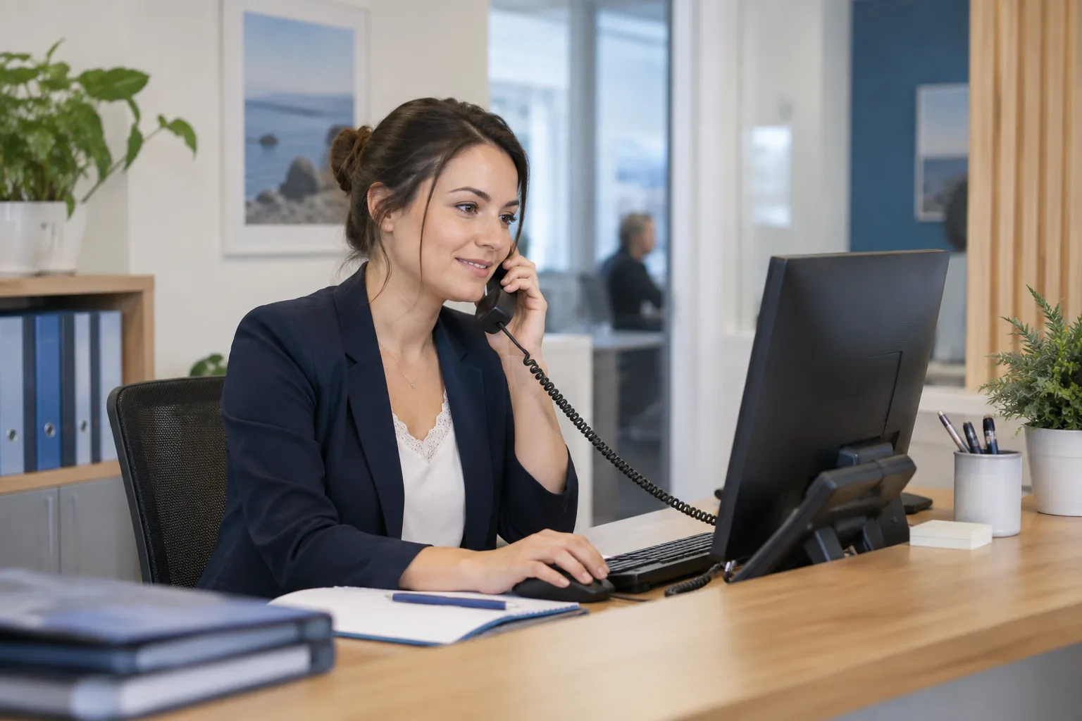 Réceptionniste utilisant un téléphone de bureau et un ordinateur