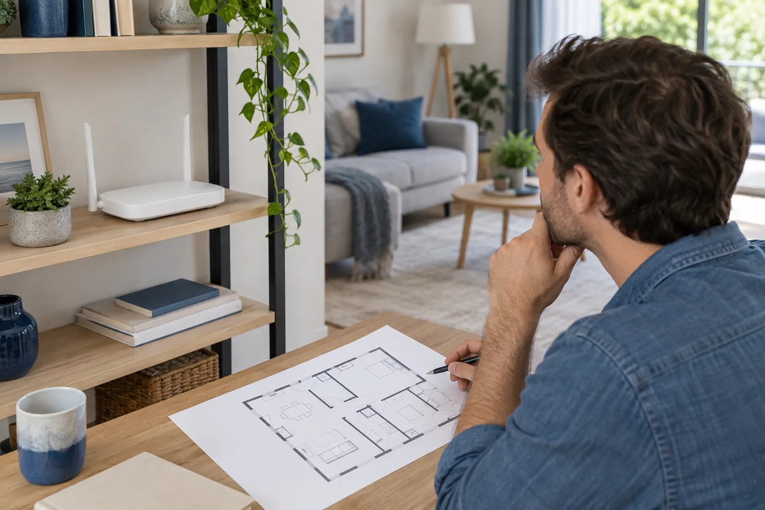 Box Wi-Fi placée sur une étagère ouverte près d’un plan du logement