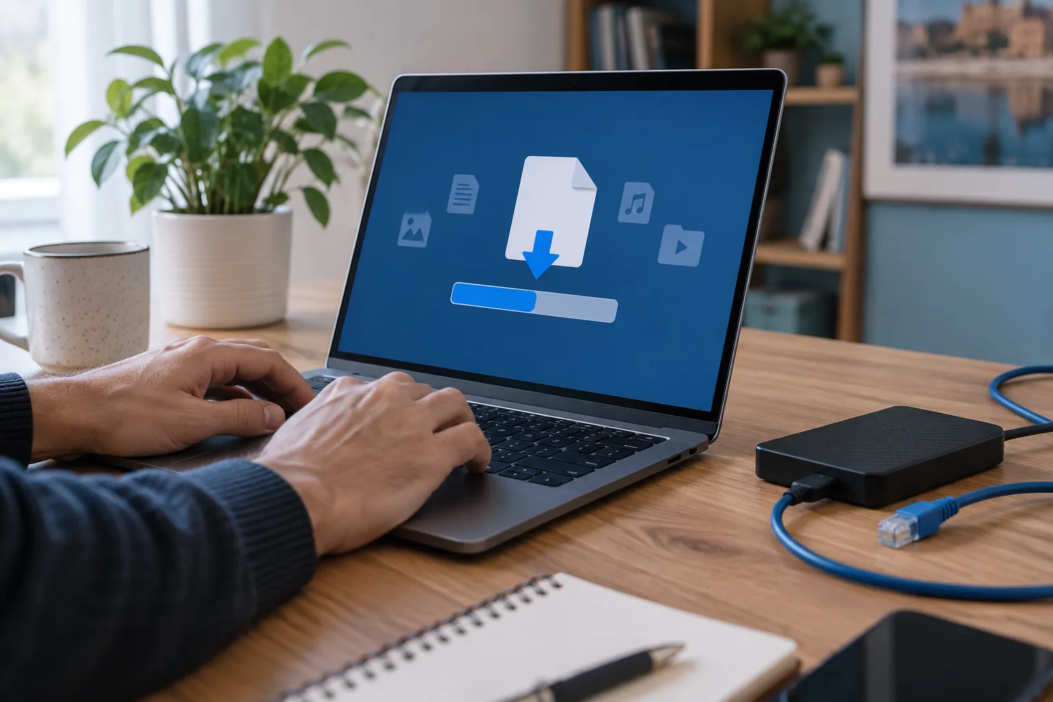 Ordinateur relié par Ethernet avec un disque externe pour transférer des fichiers