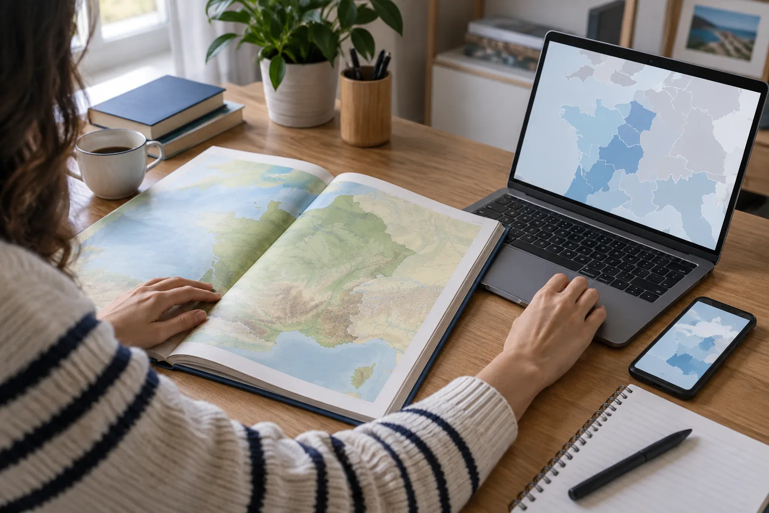 Atlas ouvert à côté d’un ordinateur et d’un smartphone pour une recherche géographique
