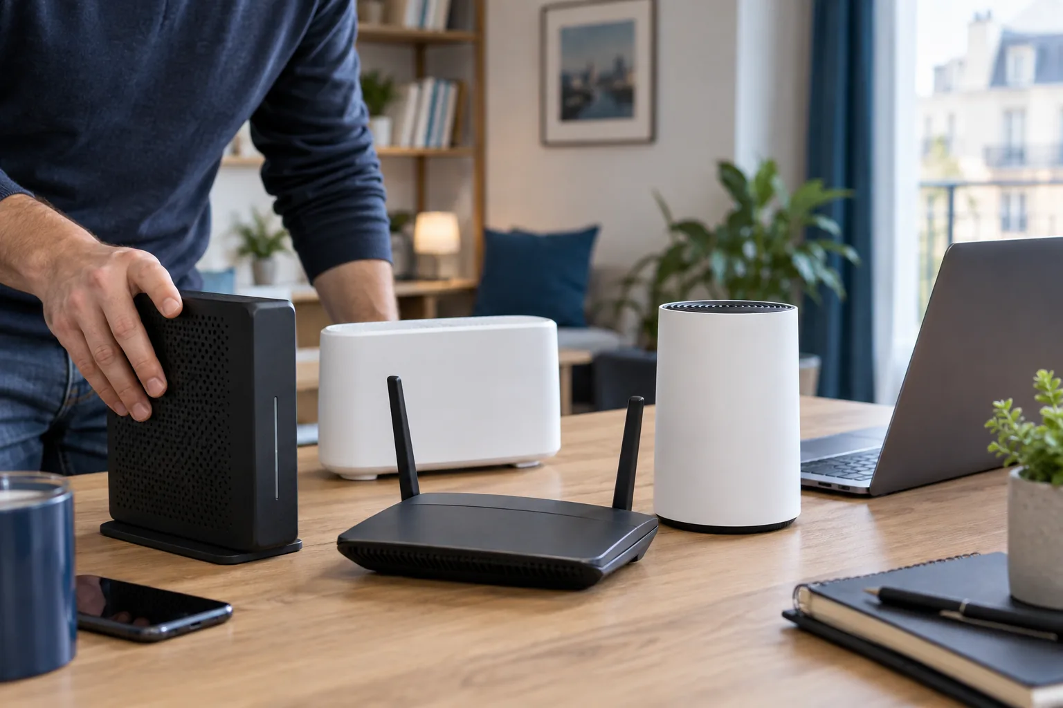Plusieurs modèles de box Internet comparés sur un bureau