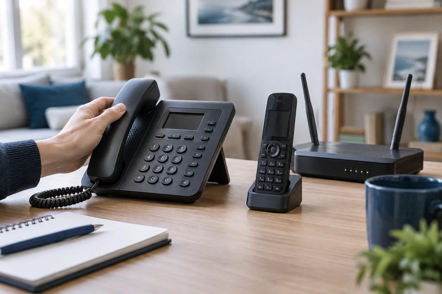 Téléphone de bureau et combiné sans fil près d’une box Internet