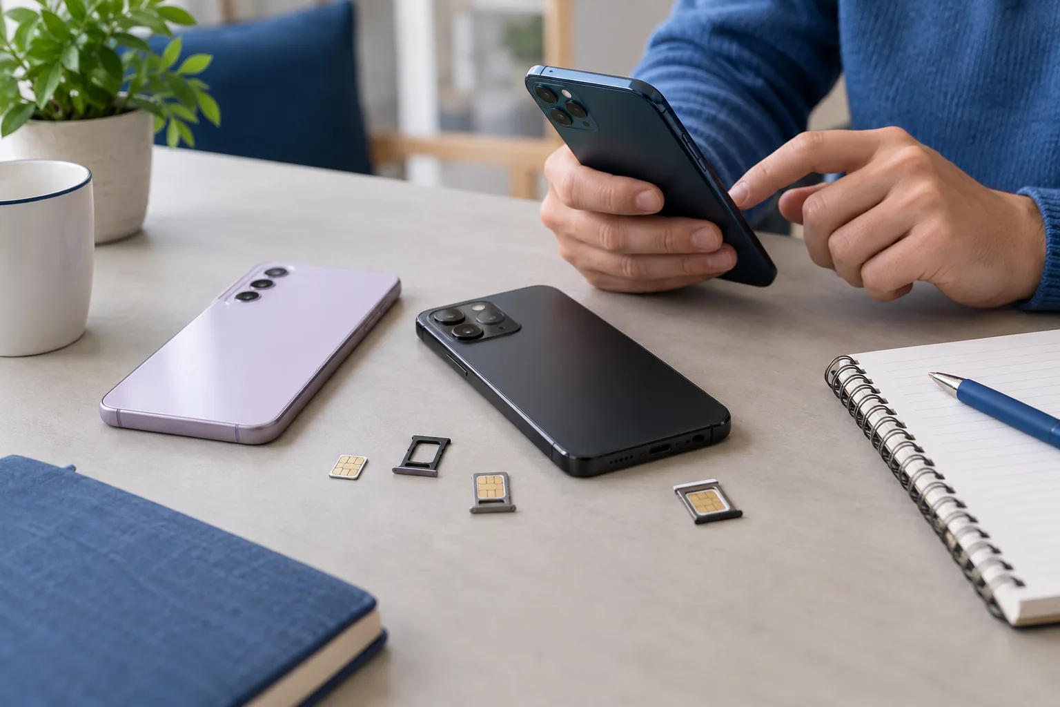 Trois smartphones et leurs tiroirs SIM disposés sur une table