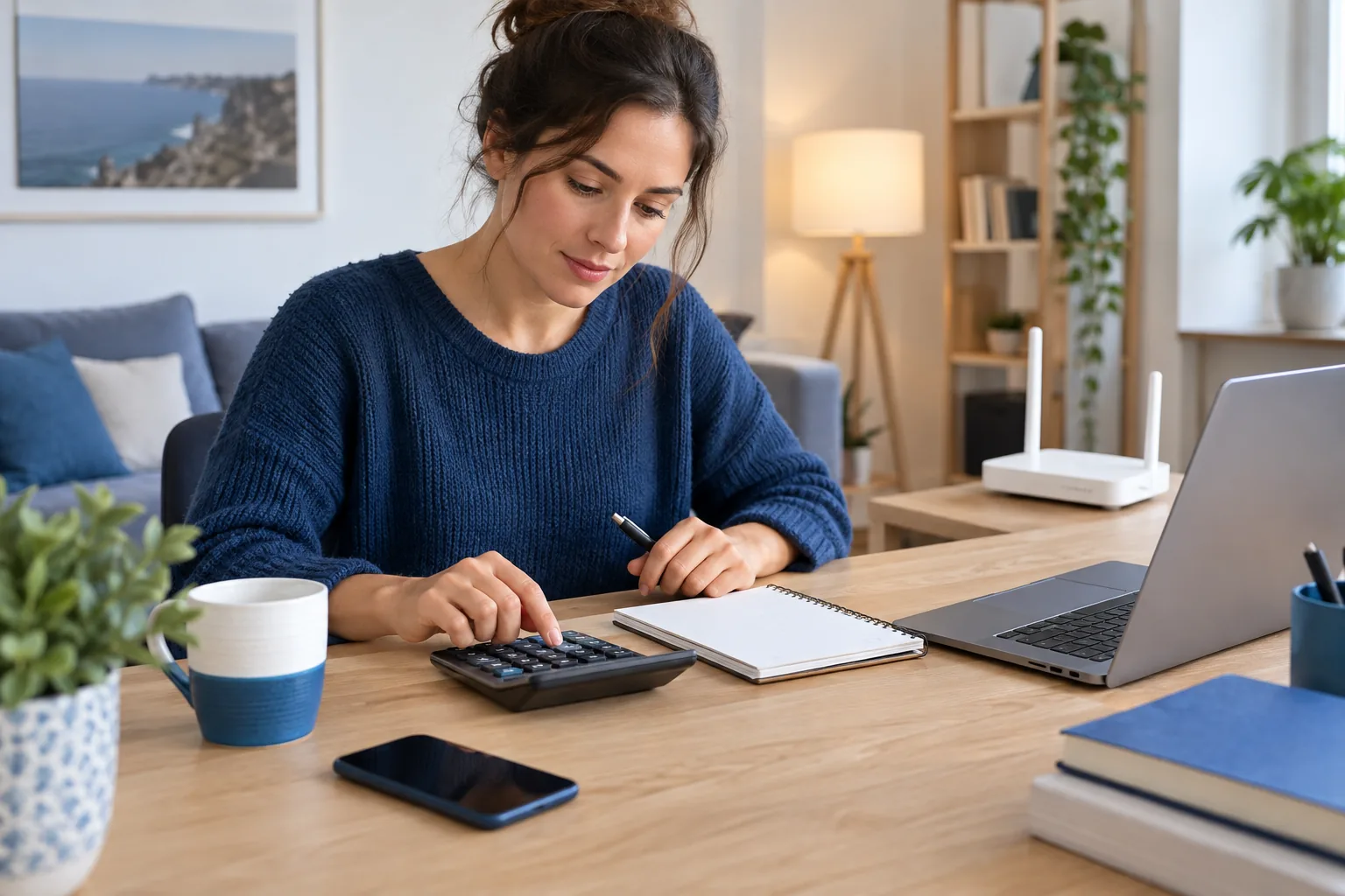 Personne utilisant une calculatrice près d’un ordinateur, d’un carnet et d’une box