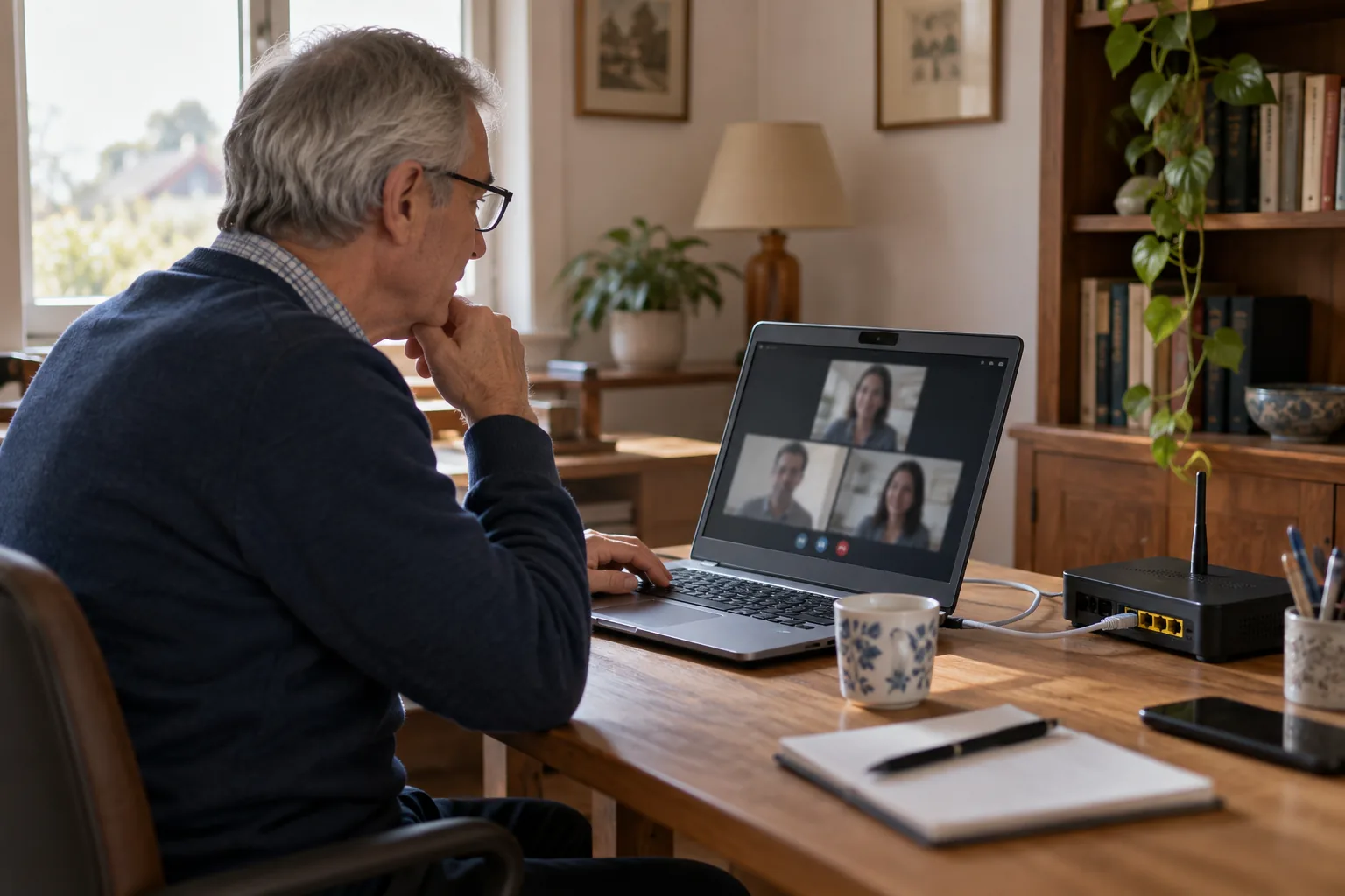 Personne préparant une visioconférence sur un ordinateur connecté par câble à une box