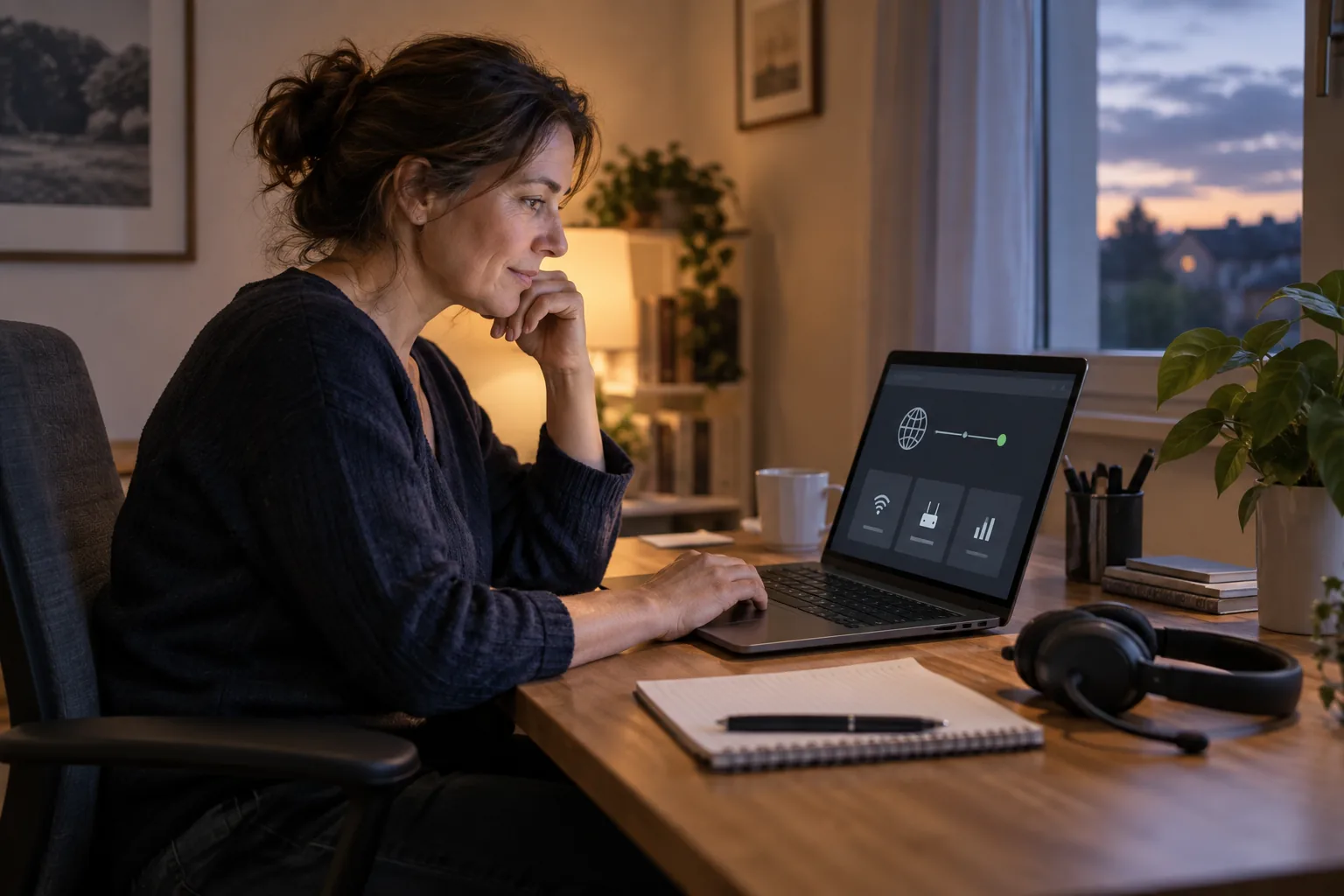 Télétravailleuse comparant sa connexion sur un ordinateur portable dans un bureau
