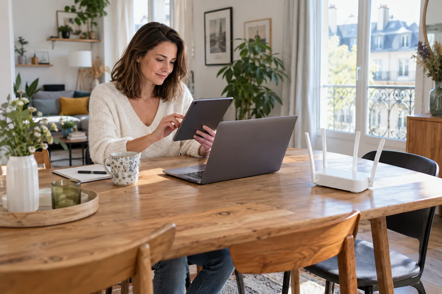 Personne comparant la connexion d’une tablette et d’un ordinateur près d’une box Wi-Fi