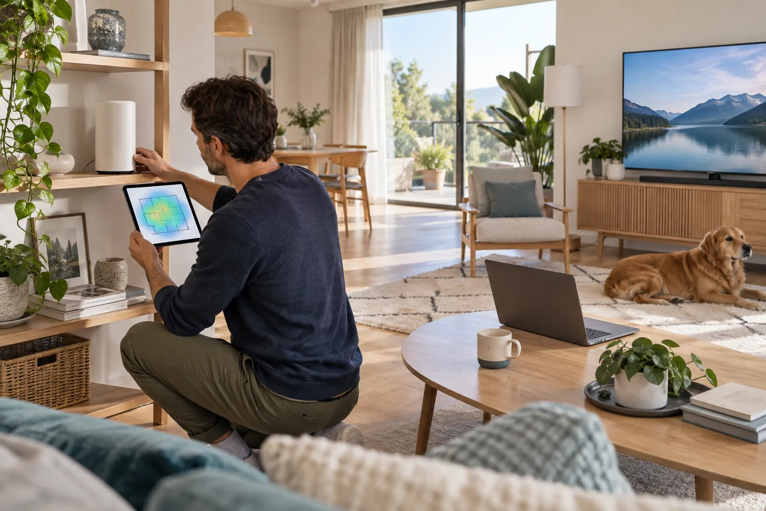 Personne mesurant le Wi‑Fi 7 près d’un point d’accès dans un appartement