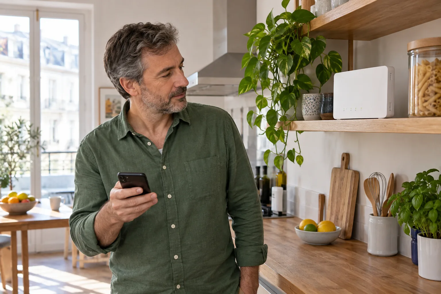 Personne vérifiant un téléphone et les voyants d’une box dans une cuisine