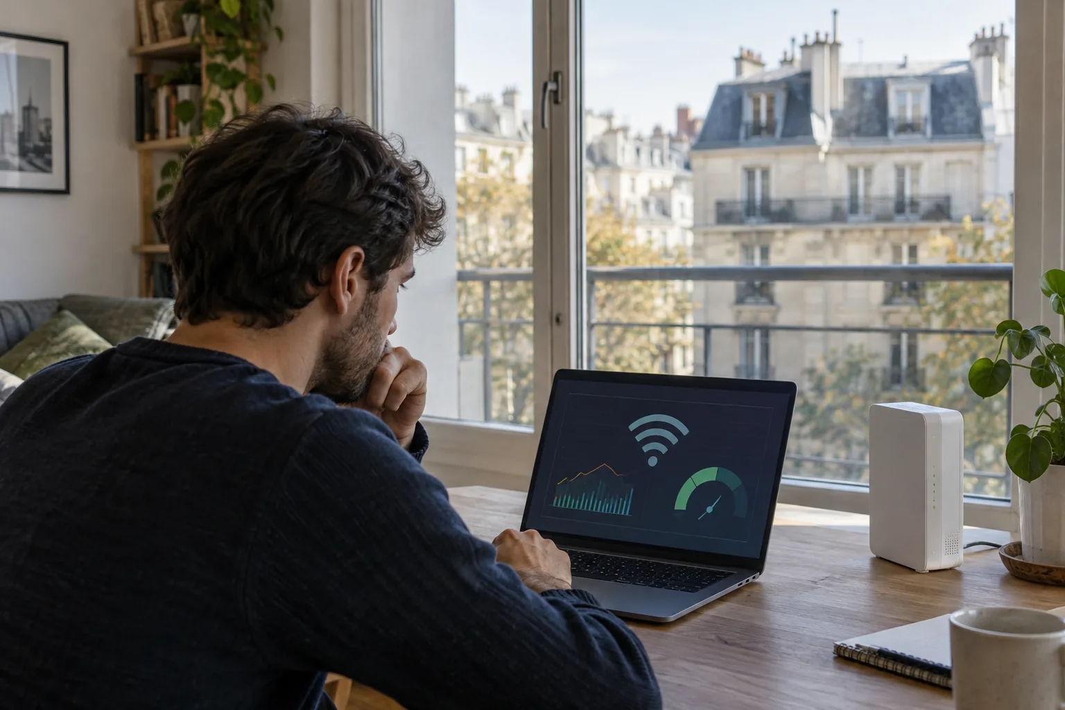 Habitant analysant le Wi-Fi de sa box dans un appartement entouré d'immeubles
