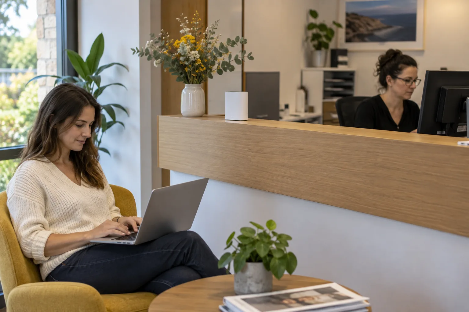 Visiteuse sur Wi-Fi invité et employée sur poste de travail séparé