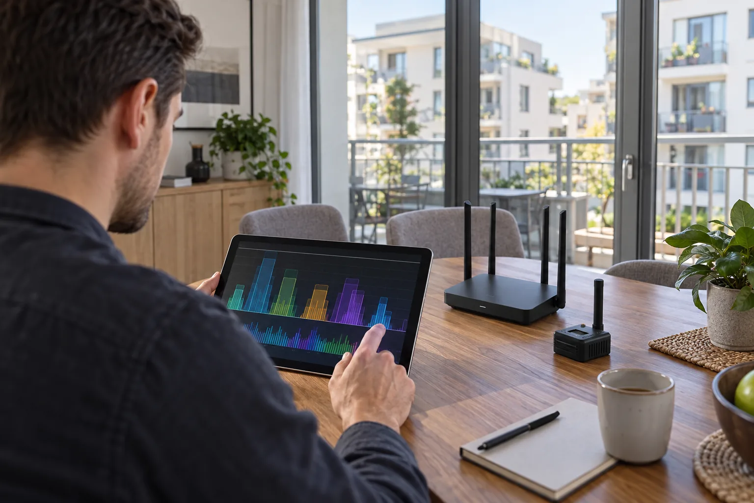 Technicien observant l’occupation des canaux Wi‑Fi sur une tablette