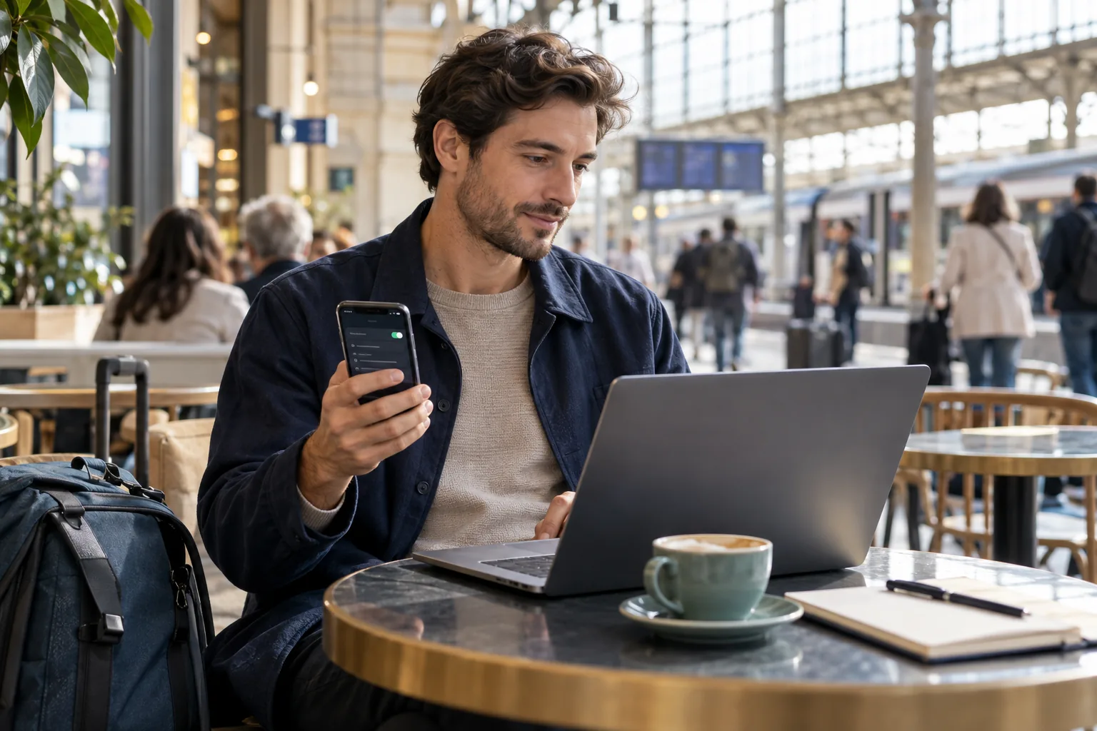 Voyageuse choisissant entre un Wi‑Fi public et le partage de connexion de son téléphone