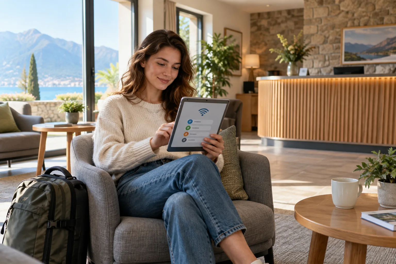 Voyageuse vérifiant la connexion Wi-Fi de sa tablette dans un espace d’accueil