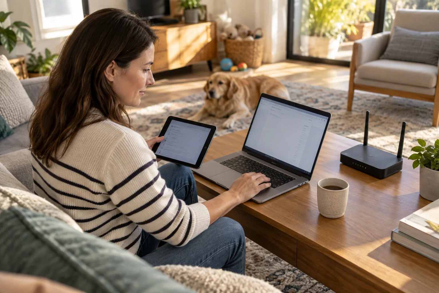 Personne testant la compatibilité WPA3 de plusieurs appareils sur un routeur Wi-Fi